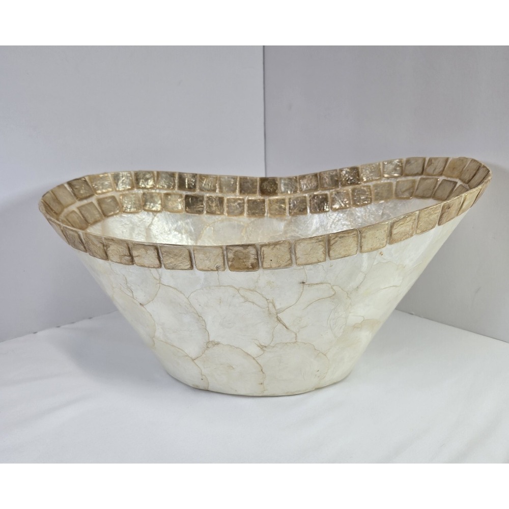 Large Mother of Pearl Capiz Shell Decorative Bowl Mosaic Rim Coastal 15" x 8.5"